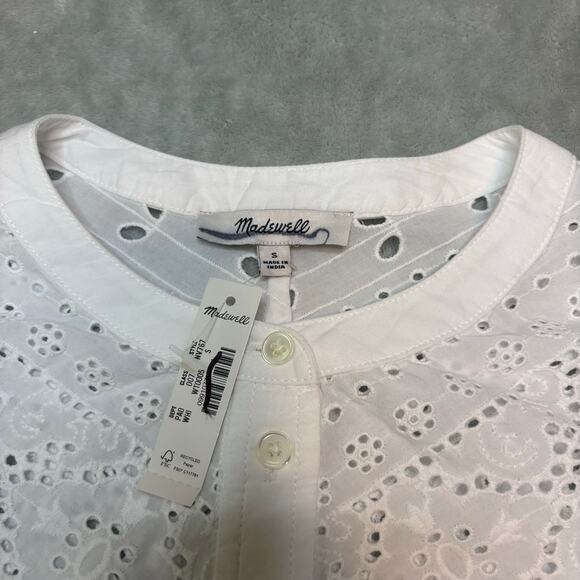 Madewell White Embroidered Shirred Henley Eyelet Top NWT Size S - Picture 8 of 9